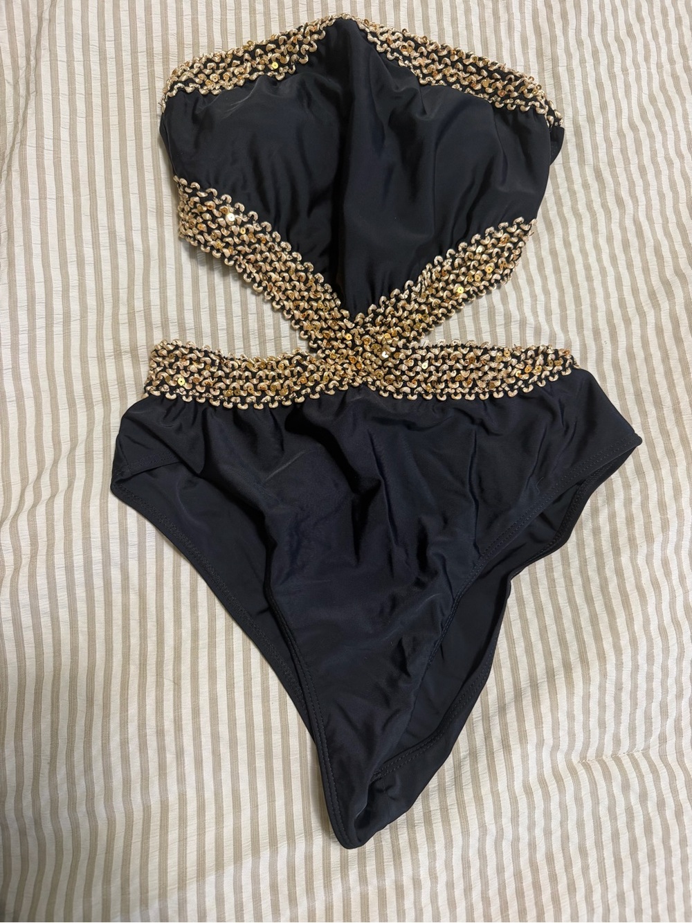 Black One-Piece Swimsuit with Gold Beaded Trim